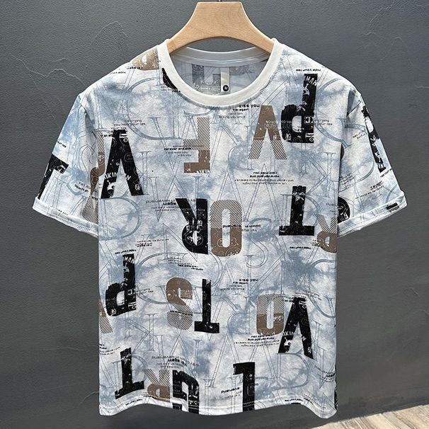 2025 Summer New Light Luxury Trend Wear Letter Printing Short-sleeved Round Neck Personalized Top Half-sleeved Men's T-shirt_viptrois.com