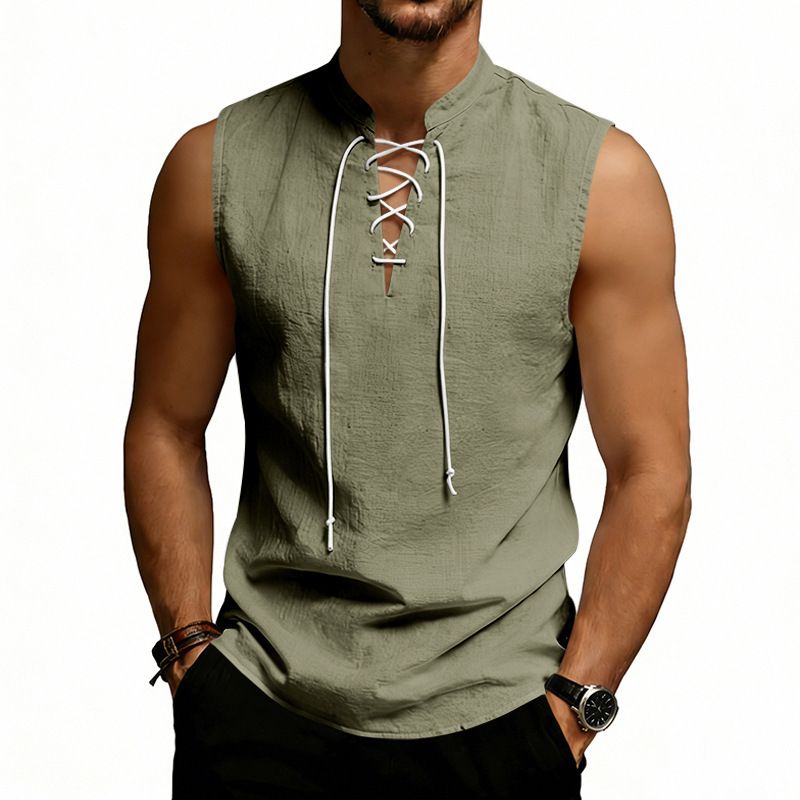 Men's Viking Style Linen Tank Top - Breathable Oversized Sleeveless Shirt With Adjustable Drawstring & Medieval Aesthetic_viptrois.com
