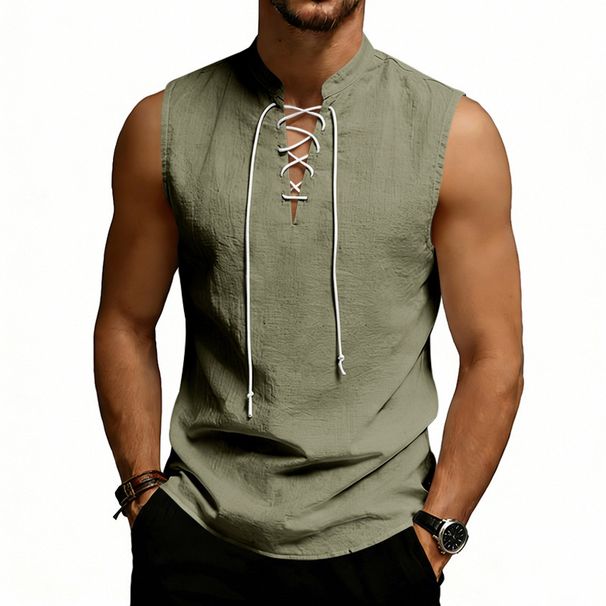 Men's Viking Style Linen Tank Top - Breathable Oversized Sleeveless Shirt With Adjustable Drawstring & Medieval Aesthetic_viptrois.com
