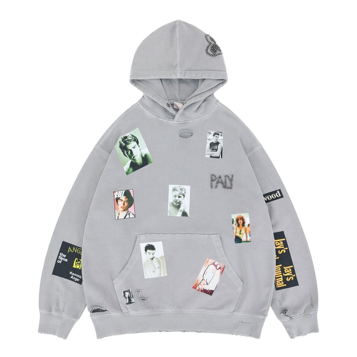 Distressed Hoodie – Vintage Washed Cotton With Studded Details (Unisex, Grey, M-XL)"_viptrois.com