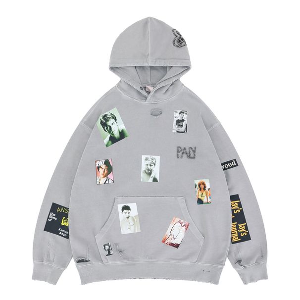 Distressed Hoodie – Vintage Washed Cotton With Studded Details (Unisex, Grey, M-XL)"_viptrois.com