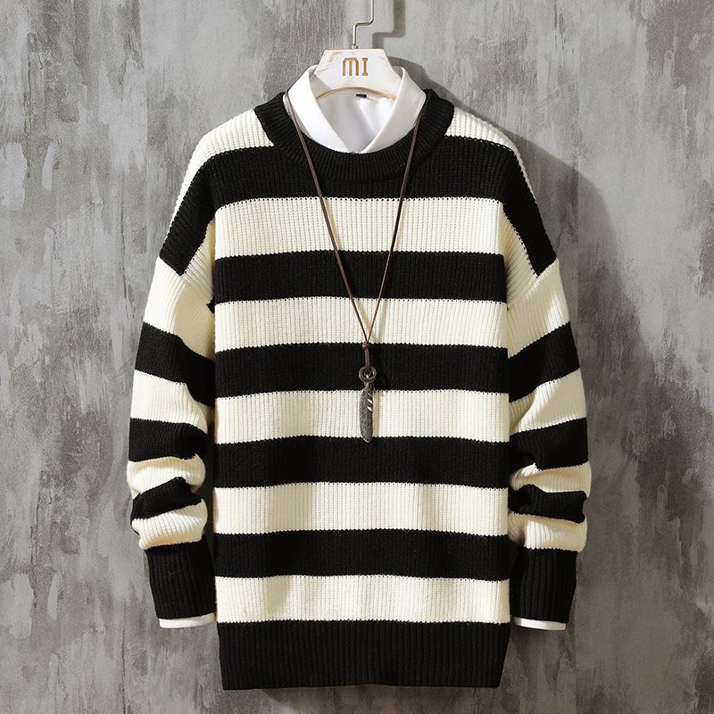 Men's Striped Round Neck Sweater – Soft Acrylic Pullover For Autumn & Winter (White/Yellow/Green/Pink/Blue, M-2XL)_viptrois.com