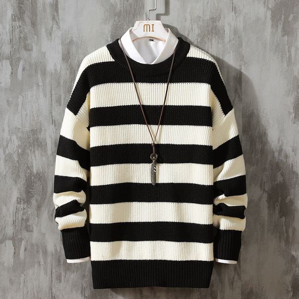 Men's Striped Round Neck Sweater – Soft Acrylic Pullover For Autumn & Winter (White/Yellow/Green/Pink/Blue, M-2XL)_viptrois.com