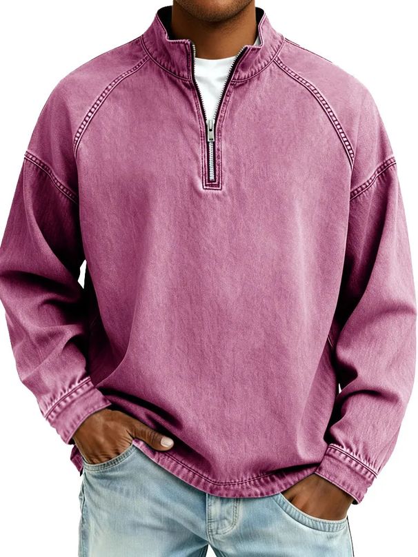 Men's Retro Long Sleeve T-Shirt - Stand Collar Half-Zip Pullover With Raglan Sleeves (Black, Grey, Olive, 10 Colors)_viptrois.com