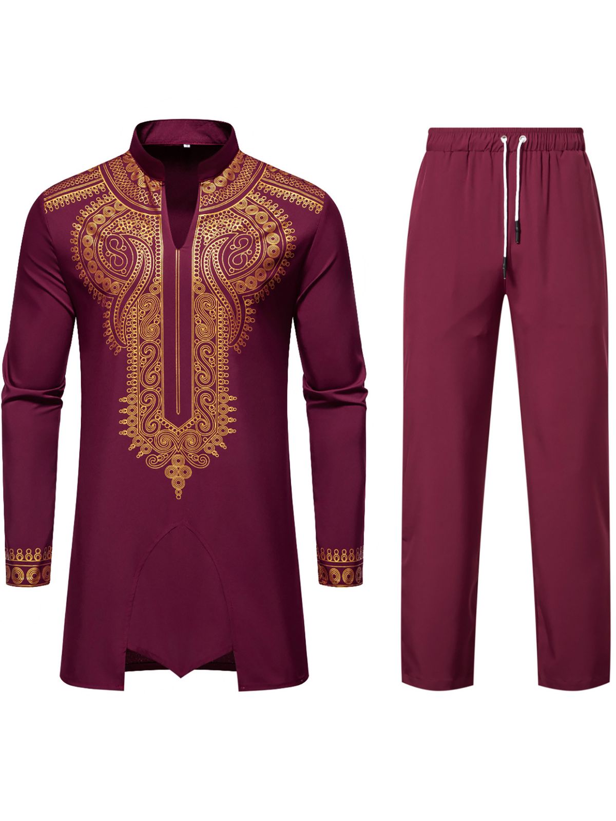 Men's Ethnic Print Lounge Set – Stand Collar Long Sleeve Shirt & Relaxed Trousers (Black/White/Burgundy/Royal Blue, S-XXL)_viptrois.com