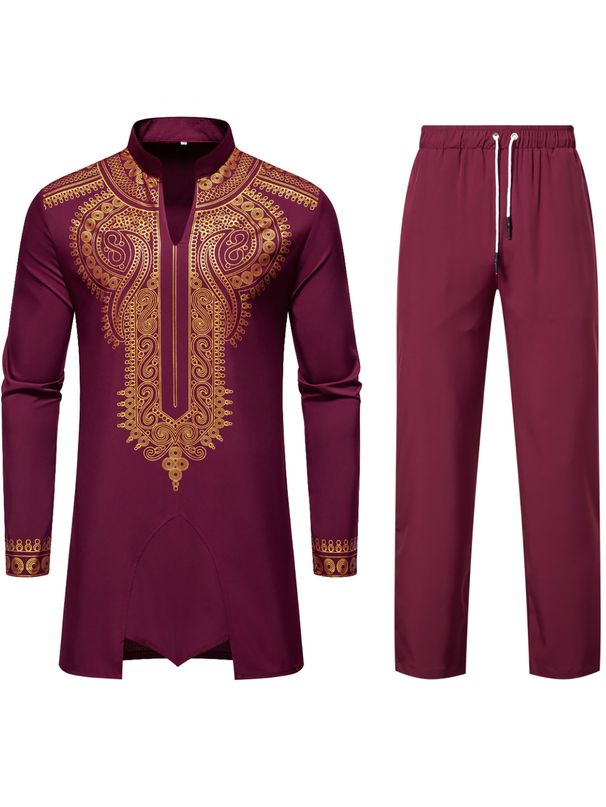 Men's Ethnic Print Lounge Set – Stand Collar Long Sleeve Shirt & Relaxed Trousers (Black/White/Burgundy/Royal Blue, S-XXL)_viptrois.com