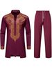 Men's Ethnic Print Lounge Set – Stand Collar Long Sleeve Shirt & Relaxed Trousers (Black/White/Burgundy/Royal Blue, S-XXL)_viptrois.com