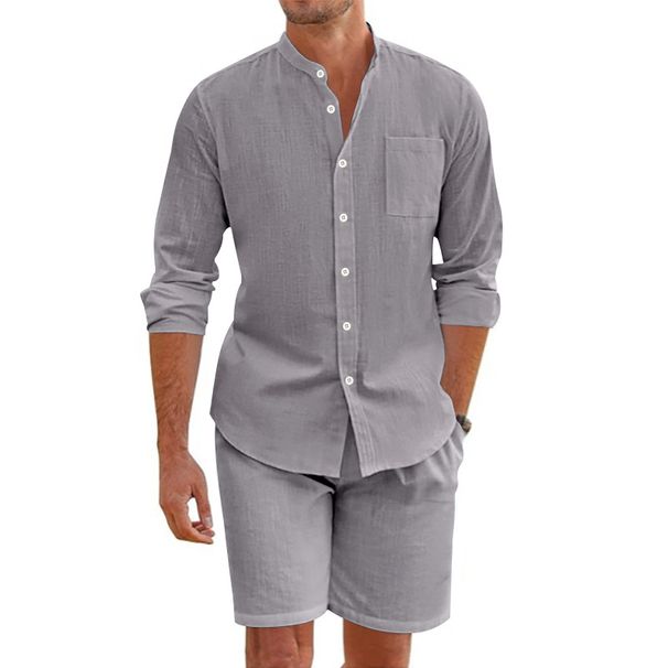 Men's Clothing Ferris Wheel Men's Summer Two Piece Cotton And Linen Button Down Shirt Long Sleeved Shorts Cardigan Beach Suit_viptrois.com