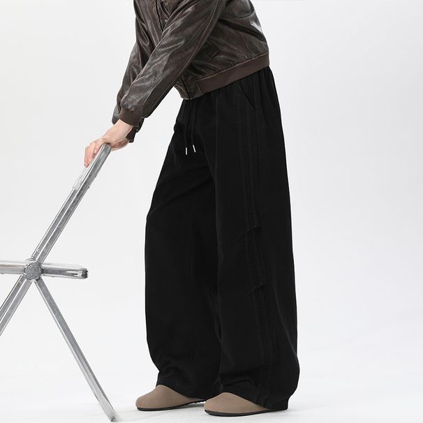 American-style Striped Patchwork Straight-leg Work Pants For Men, Autumn Trendy Brand Washed Pleated Casual Pants, Loose_viptrois.com