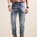 Men's Slim Straight Blue Distressed Jeans With Patchwork & Ripped Details For Spring & Summer_viptrois.com
