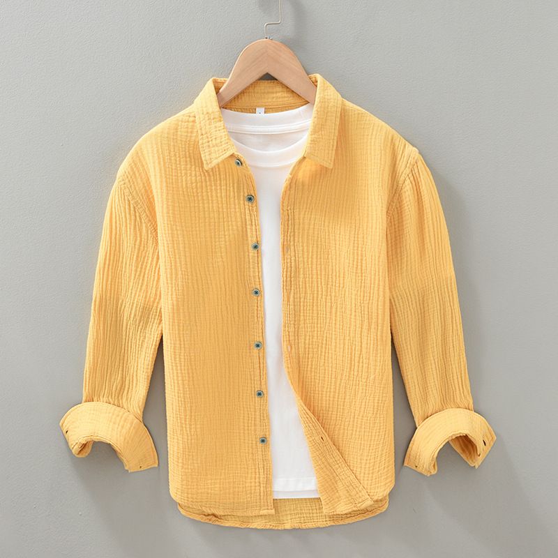 Men's Clothing Casual High Quality Crumpled Double Layer Gauze Long Sleeved Shirt Men's Cotton Gauze Soft Comfortable And Breathable Square Neck Shirt_viptrois.com