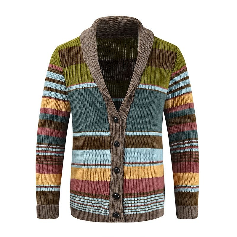 Loom 2024 Foreign Trade New European And American Men's Sweater Jacket Autumn Winter Turn-Down Collar Color Block_viptrois.com