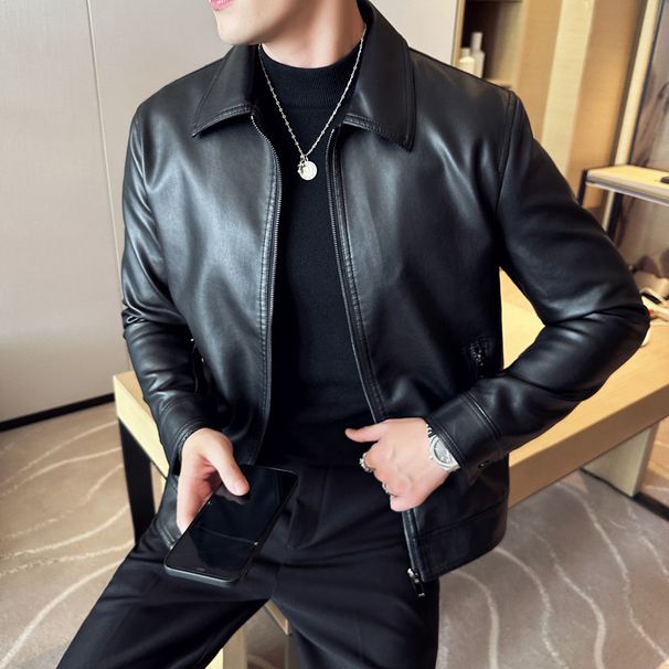 Autumn And Winter Men's Leather Jacket Lapel Light Business Men's Executive Leather Jacket Premium Pilot Jacket Top_viptrois.com