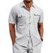 Men's Clothing Summer Men's Waffle Short Sleeved Casual Solid Color Lapel Button Pocket Versatile Shirt_viptrois.com