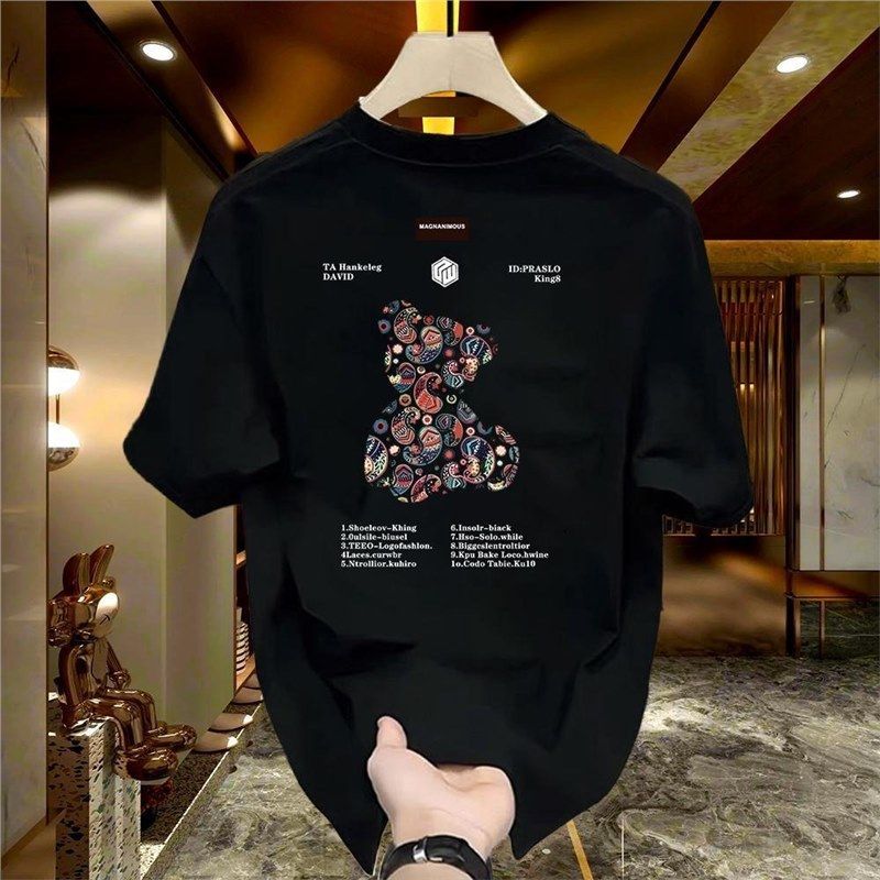 TKPA Men's T-shirt Summer New Style American Street Cartoon Printed Bear Cotton Loose_viptrois.com