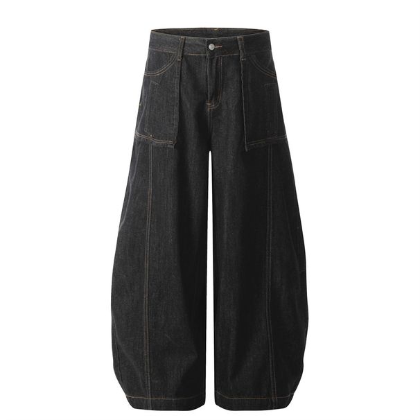 Large Pocket Scimitar Jeans Men's Loose Washed Trendy Curved Wide-Leg Street Solid Color Stitched Long Pants_viptrois.com