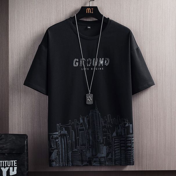 Clothing Short Sleeved T-Shirt Men's Summer New Snow Mountain Print Korean Version Trendy Sports Two-Piece Set_viptrois.com