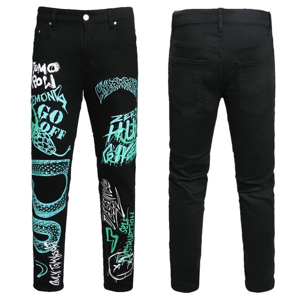 New Trendy Brand Cool Color Printed High Street Fashion Slim Fit Elastic Black Small Leg Denim Pants_viptrois.com