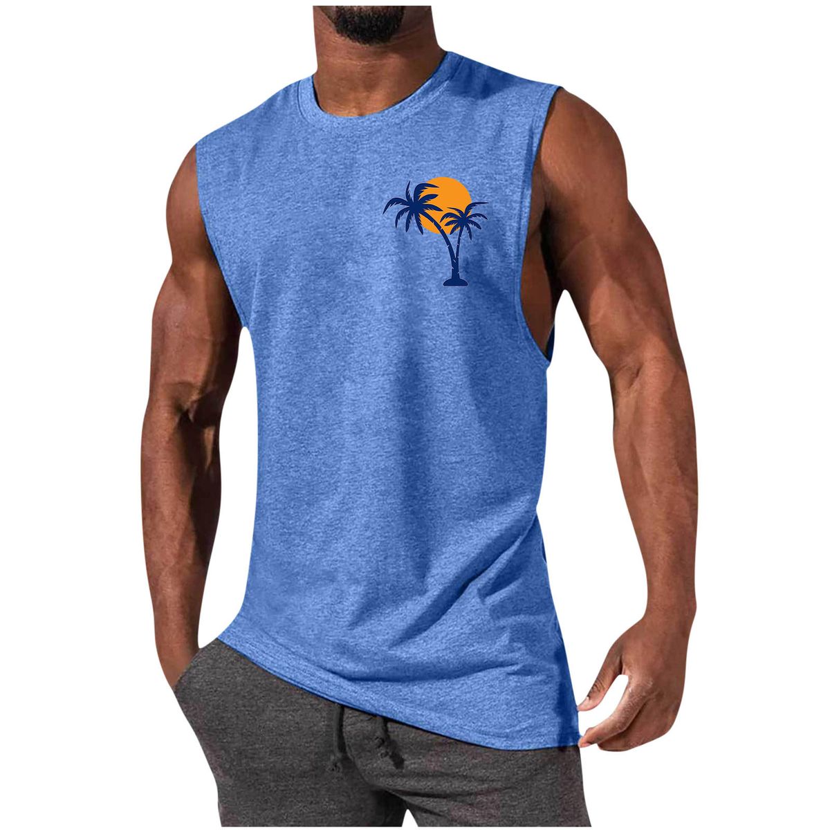 European American Style Sleeveless T-shirt, Summer Loose Sports Vest For Men, Digital Print With Coconut Tree Basketball_viptrois.com