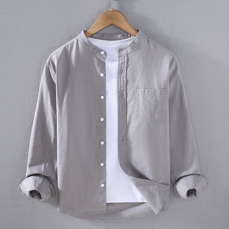 Cotton And Linen Shirt Men's Long Sleeved Stand Up Collar Pocket Simple And Comfortable Linen Shirt Casual Jacket_viptrois.com