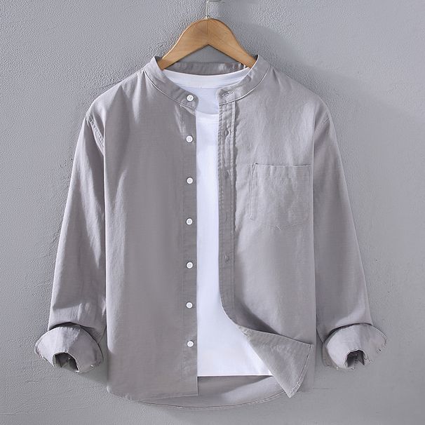 Cotton And Linen Shirt Men's Long Sleeved Stand Up Collar Pocket Simple And Comfortable Linen Shirt Casual Jacket_viptrois.com