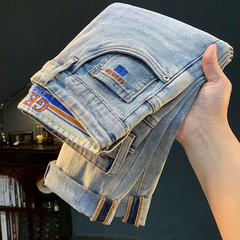 High-end Jeans Spring New Slim Fit Skinny Casual Long Light Blue Embroidered Versatile Trendy Men's Pants_viptrois.com
