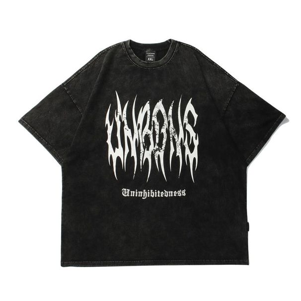 Dark Style Abstract Print Short T-Shirt For Men, Washed And Distressed, Loose Fit, Trendy Five-Quarter Sleeve, Summer_viptrois.com