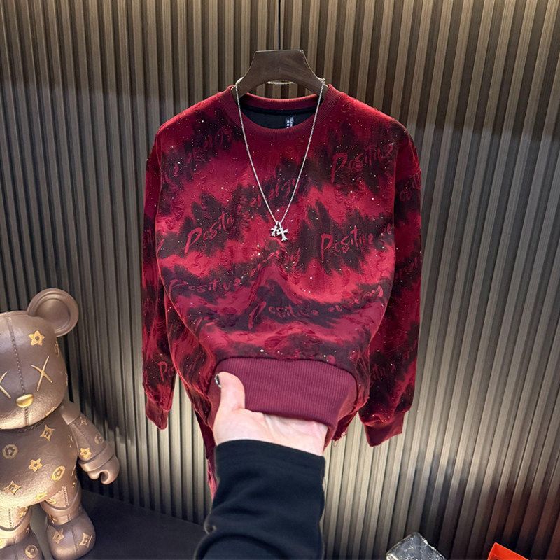"Men's Distressed Rhinestone Starry Sky T-Shirt – Vintage Long Sleeve & Short Sleeve Options (Red, Black, Blue, Camel)"_viptrois.com