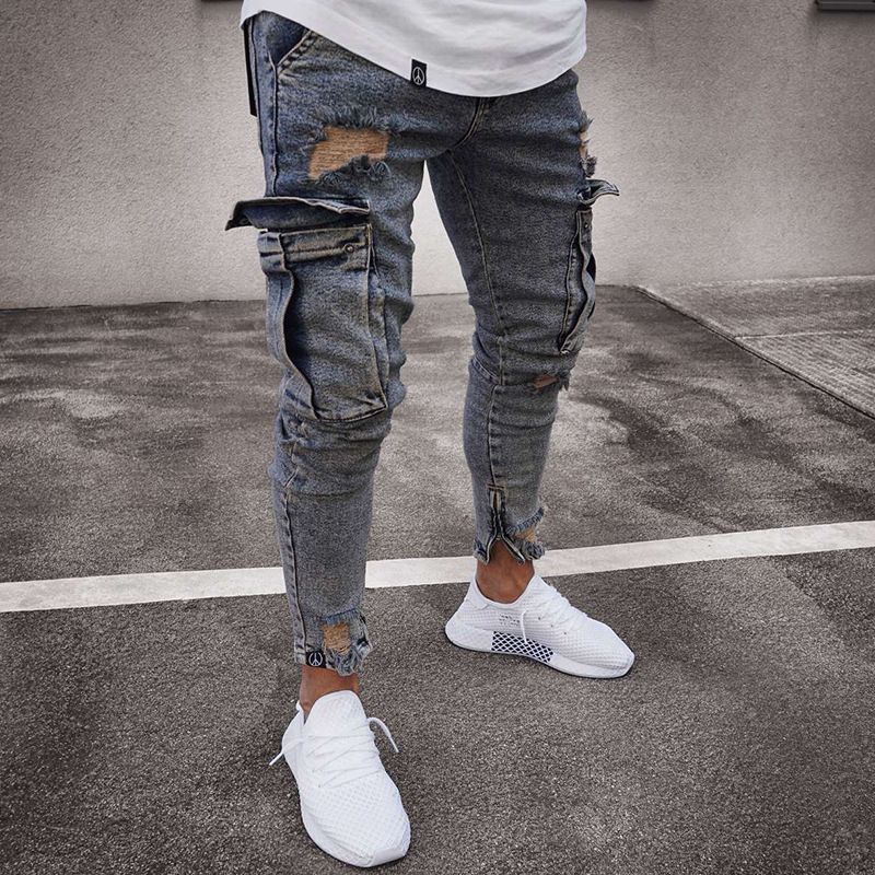 men's jeans trendy ripped knee zipper small foot trousers wholesale_viptrois.com