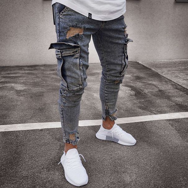 men's jeans trendy ripped knee zipper small foot trousers wholesale_viptrois.com