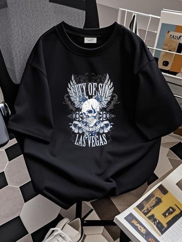 City Of Sin Las Vegas Men Shirt Large Black Y2K Skull Feeling Lucky Floral Tee Top For Everyday Wear Stylish Homme Unisex Comfortable Summer_viptrois.com