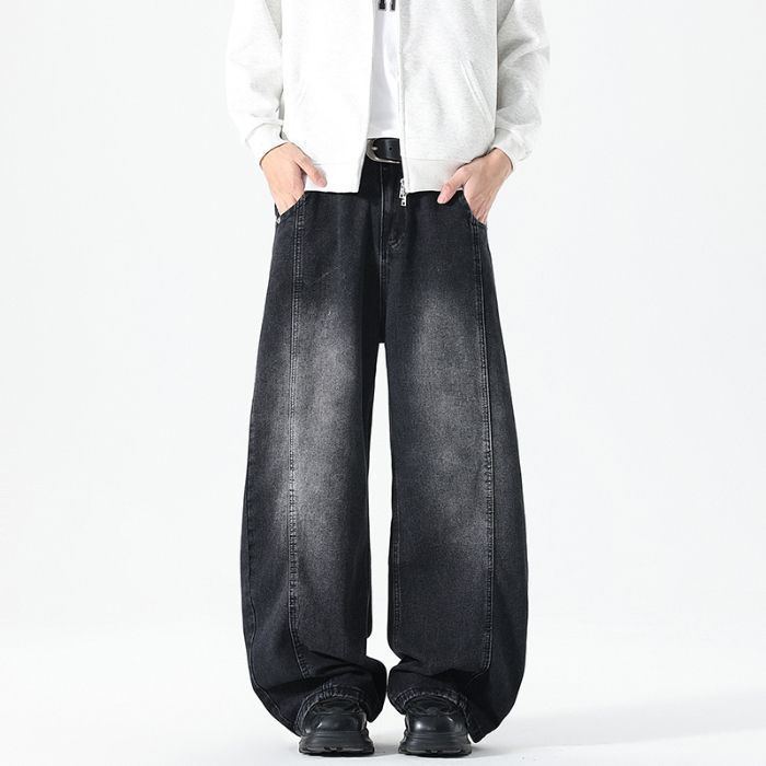 American Retro New Curved Knife Jeans, Semi Elastic Waist, Loose Fit, Wide Leg, High Street Denim Pants_viptrois.com