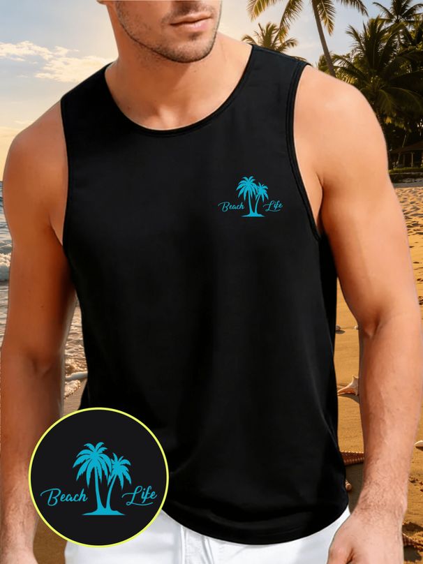 Canotta Uomo Girocollo 100% Cotone Base Stampa Palme Spiaggia Traspirante Senza Maniche Uso Quotidiano Spiaggia Estivo Multicolore_viptrois.com