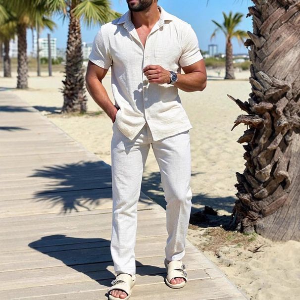 Men's Clothing Summer Lapel Solid Color Short Sleeve Button Trousers Men's Casual Shirt Men_viptrois.com