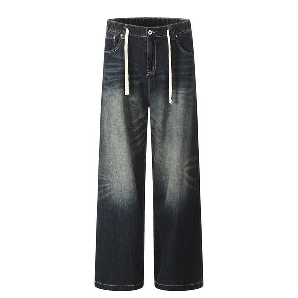 Drawstring Elastic Waist Jeans Washed White Straight Men's Street Style Loose Color Block Wide Leg Long Pants_viptrois.com