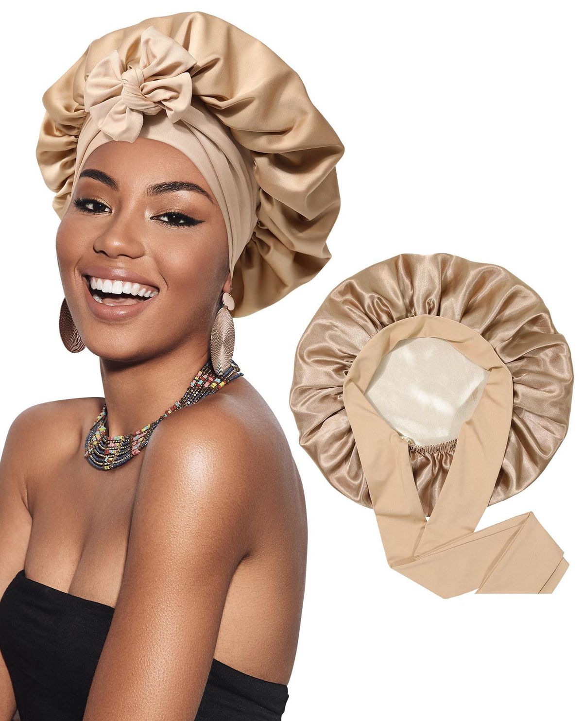 Women's Satin Bonnet With Double-Layer Bow & Ribbon - Reversible Sleep Cap For Hair Protection - Breathable & Stylish Headwear_viptrois.com