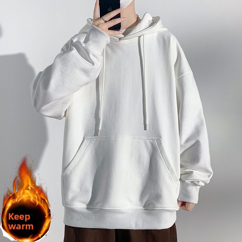 Kangaroo Pocket Men's Solid Color Sweater Loose And Double Open Fleece Thickened Shun Lamb Fleece With Long Sleeve Hooded Top_viptrois.com