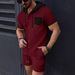 Men's Clothing New Waffle Men's Hooded Color Matching Short Sleeved Cardigan Casual Jacket Shorts Suit_viptrois.com