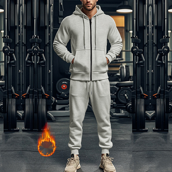 Autumn and winter men's heavy solid color long-sleeved hooded sports and leisure suit fleece warm two-piece set_viptrois.com