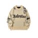 Men's Vintage Letter Graphic Sweater Raw Edge Loose Fit Round Neck Knit Pullover Unisex Couple Style Black Grey Apricot Pink_viptrois.com