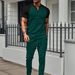 Men's Waffle-Knit Color Block T-Shirt & Pants Set - Breathable Summer Casual Outfit With Crew Neck (Green/Burgundy/Khaki/Grey, S-XXXL)_viptrois.com