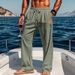 Men's Cotton Linen Straight Trousers mid Waist Casual Pants Lace up Drawstring Black Solid Color Spring Autumn Seasonal Wear_viptrois.com