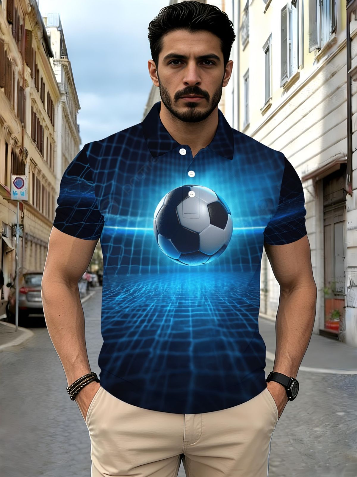 Polo Uomo Poliestere Taglio Dritto Leggero Traspirante Stampa 3D Calcio Griglia Blu Urban Tifosi Outdoor Quotidiano_viptrois.com