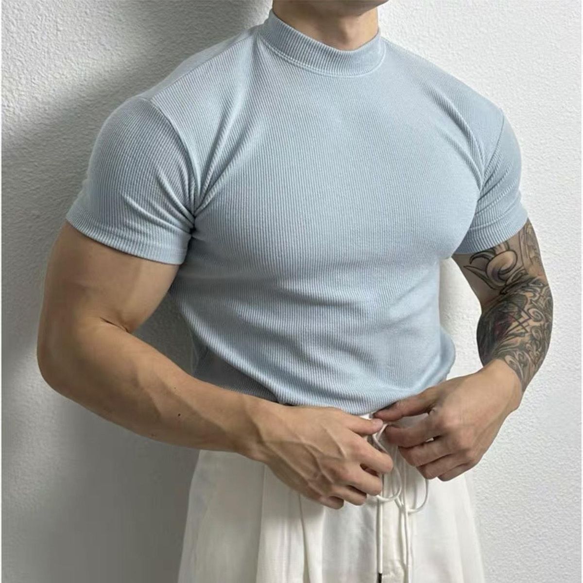 Men's Clothing Heavy High Street Solid Color Half Turtleneck Thread Stretch T Shirt Tops Men's Loose_viptrois.com