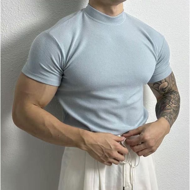 Men's Clothing Heavy High Street Solid Color Half Turtleneck Thread Stretch T Shirt Tops Men's Loose_viptrois.com