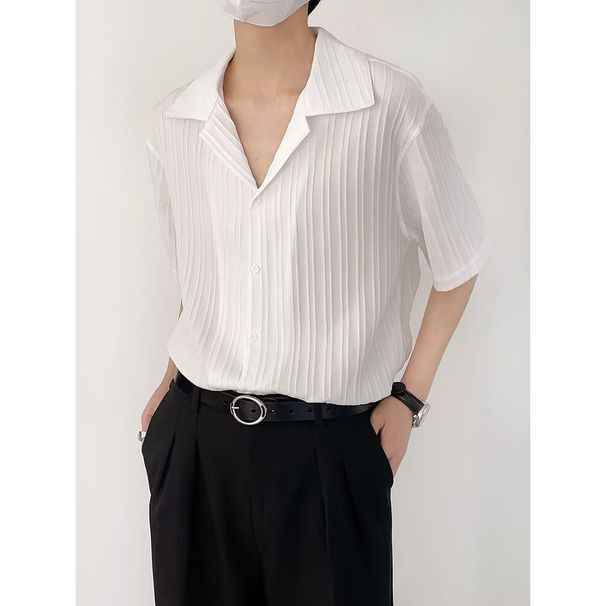 Business Korean Ice Silk Cardigan Short Sleeve Men's Summer Breathable Shirt Pleated Stripes_viptrois.com