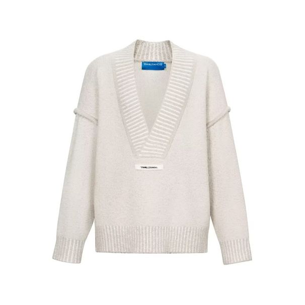 Pure 2024 New Color-Block Spliced Split Design Heavyweight Oversized Low-Neck Sweater Men's American Style High-End Knitwear_viptrois.com