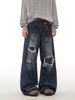 Men's Clothing Wasteland Style Dirty Dyed Hole Jeans Men's Summer High Street Vibe Flared Straight Casual Loose Pants_viptrois.com