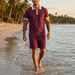 Men's Summer Waffle Collar Polo Short Sleeve Set Casual Beach Vacation Shorts Outfit_viptrois.com