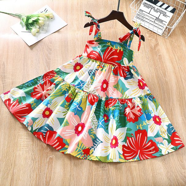 Girls Skirt Summer New Korean Style Fashionable Pleated Dress For Middle And Large Children Princess Floral Suspender Skirt_viptrois.com